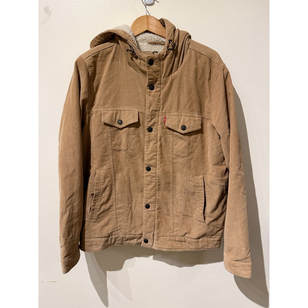 Levis Mens Tan Brown Corduroy Sherpa Lined Hooded Trucker Jacket Size Large